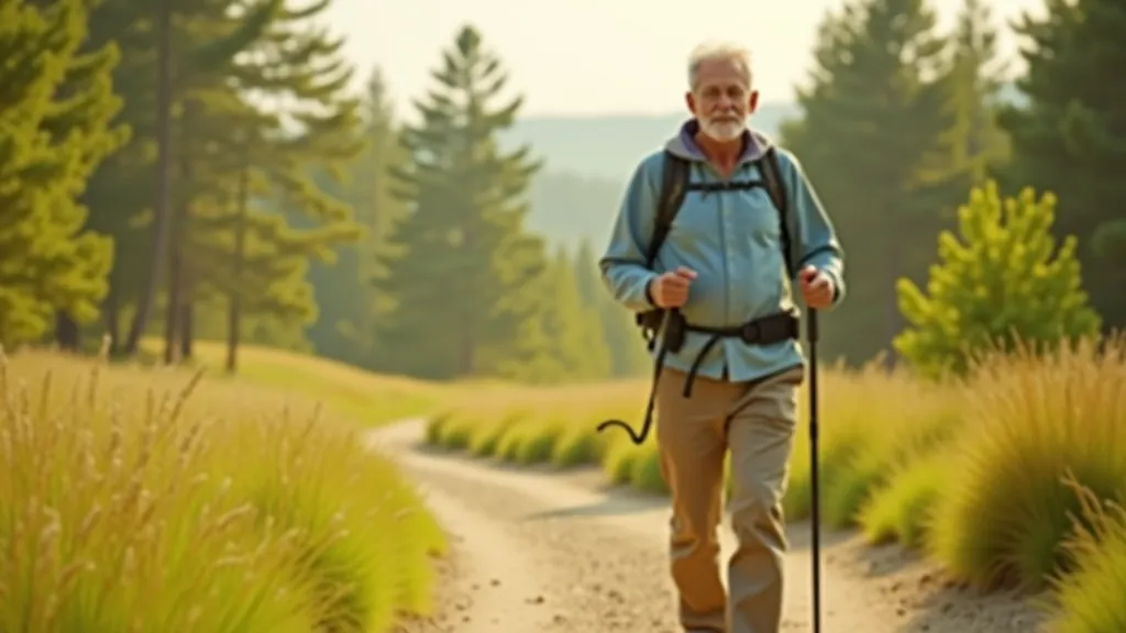 Active senior person hiking on woodland path with proper gear