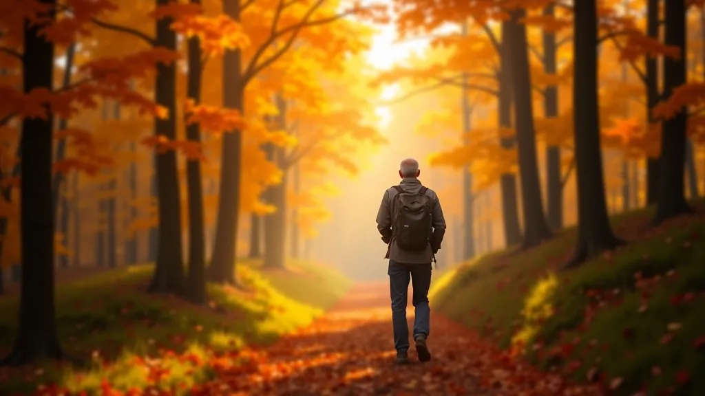 Forest canopy showing autumn leaves in orange and gold tones with soft warm sunlight filtering through the trees