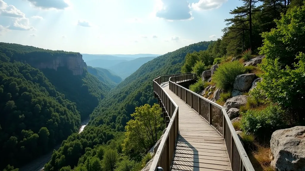 Scenic elevated cliff pathway with forested valley and river views in the distance, clear sky