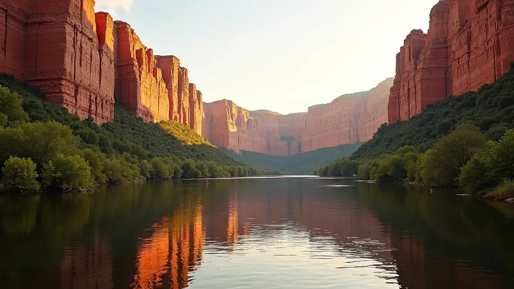 Scenic view of Gauja River valley with red sandstone cliffs reflected in calm water during golden hour