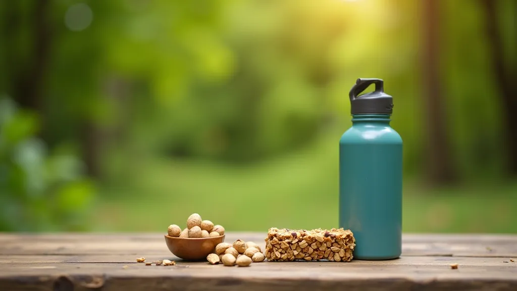 Water bottle and healthy snacks arranged on wooden surface near hiking trail