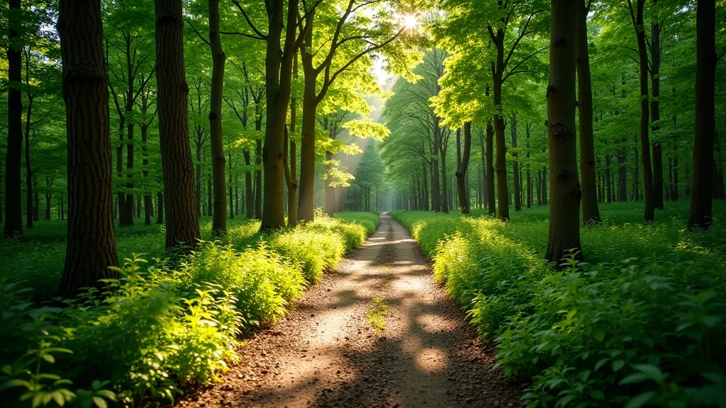 Woodland nature trail pathway through protected forest reserve