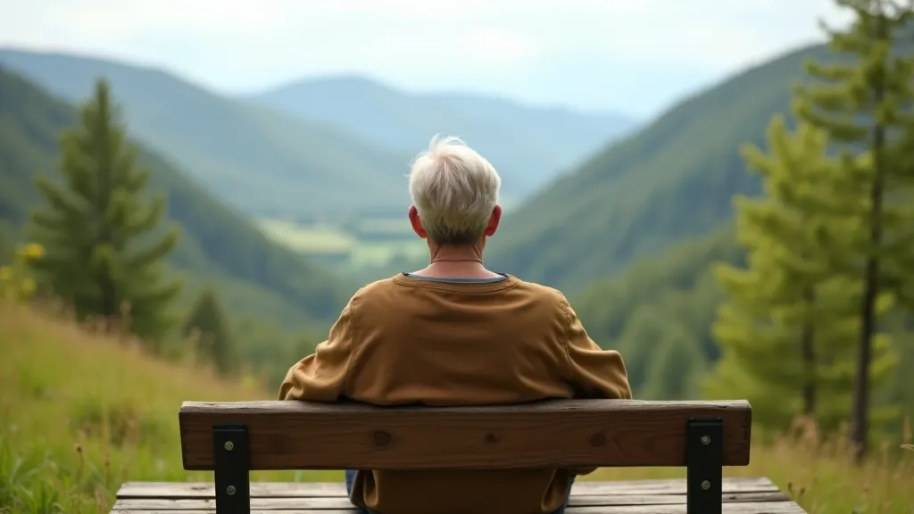 Hiker resting on wooden bench overlooking river valley with cliffs in background, peaceful moment