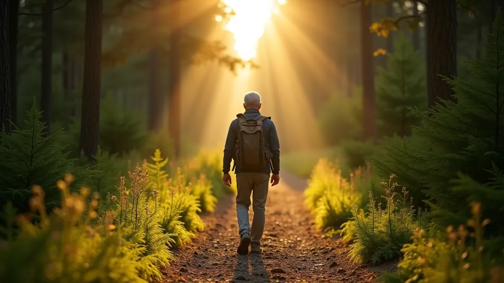 Hiker from behind walking on forest path, sunlight streaming through tall evergreen trees creating natural tunnel effect