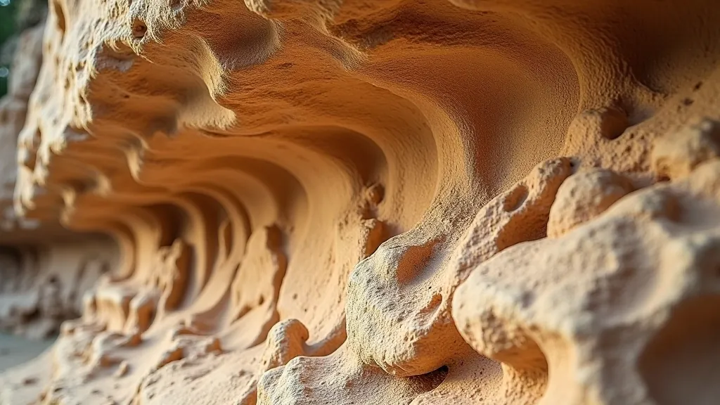 Close-up detail of ancient sandstone cliff face with natural erosion patterns and texture