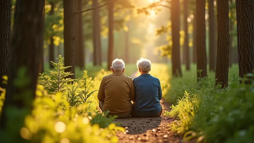 Couple walking together on forest trail with natural landscape