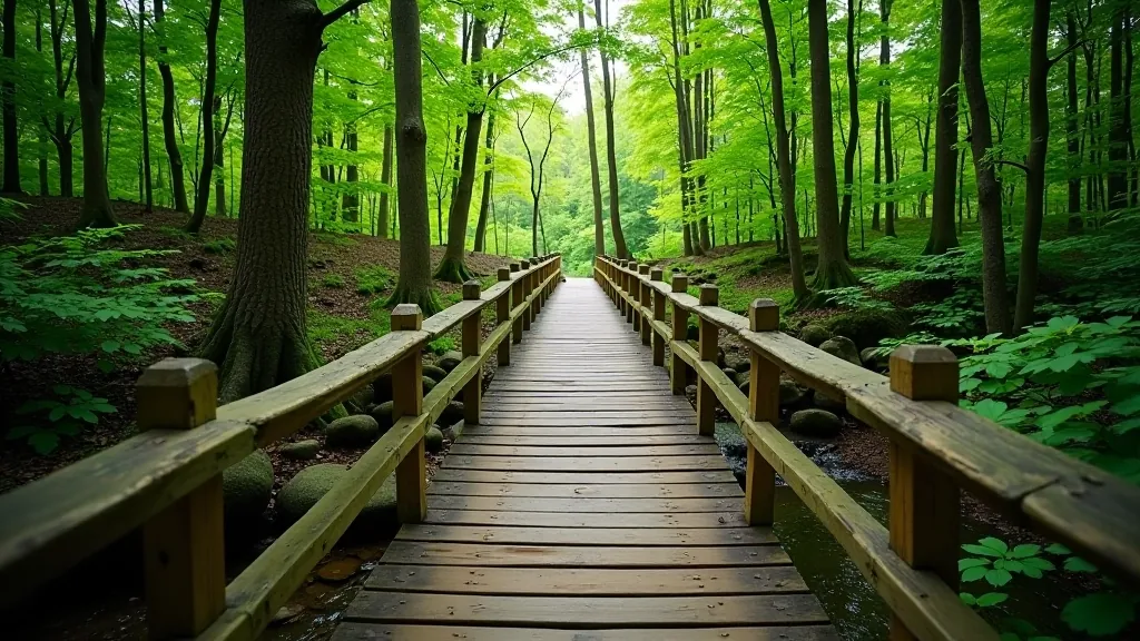 Wooden boardwalk bridge crossing over a peaceful forest stream surrounded by tall pine trees