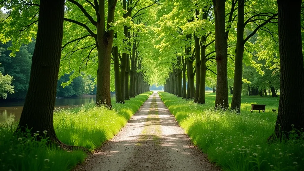 Peaceful woodland walking path along river bank with beech trees creating natural canopy